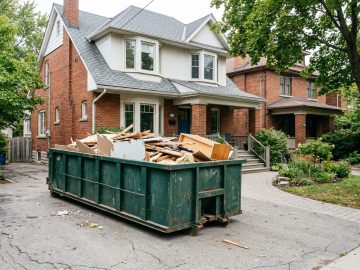 Roll-off disposal bin on a Toronto residential driveway loaded with renovation debris