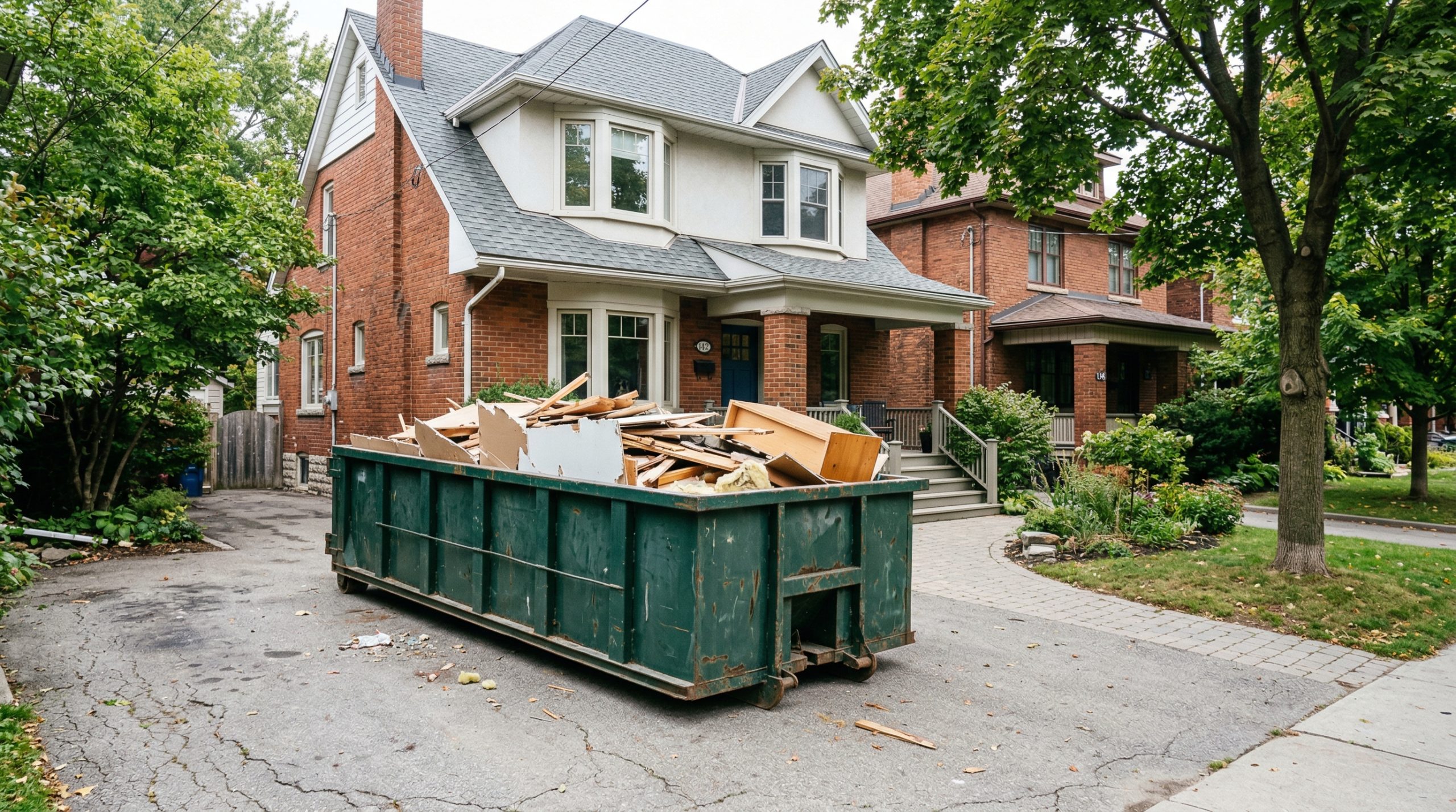 Roll-off disposal bin on a Toronto residential driveway loaded with renovation debris