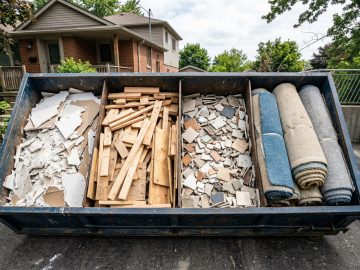 Overhead view of a Toronto disposal bin filled with sorted renovation debris