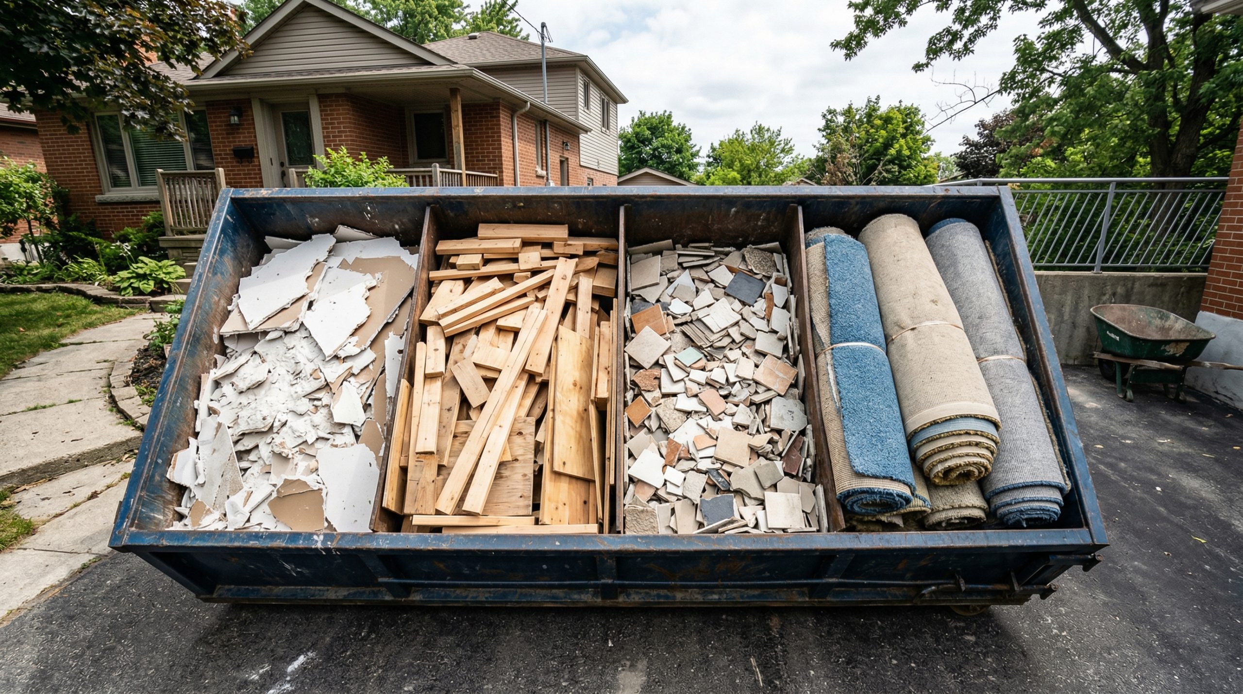 Overhead view of a Toronto disposal bin filled with sorted renovation debris