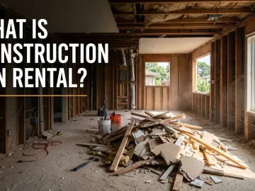 Construction bin rental explained, a home renovation job site with drywall and lumber debris
