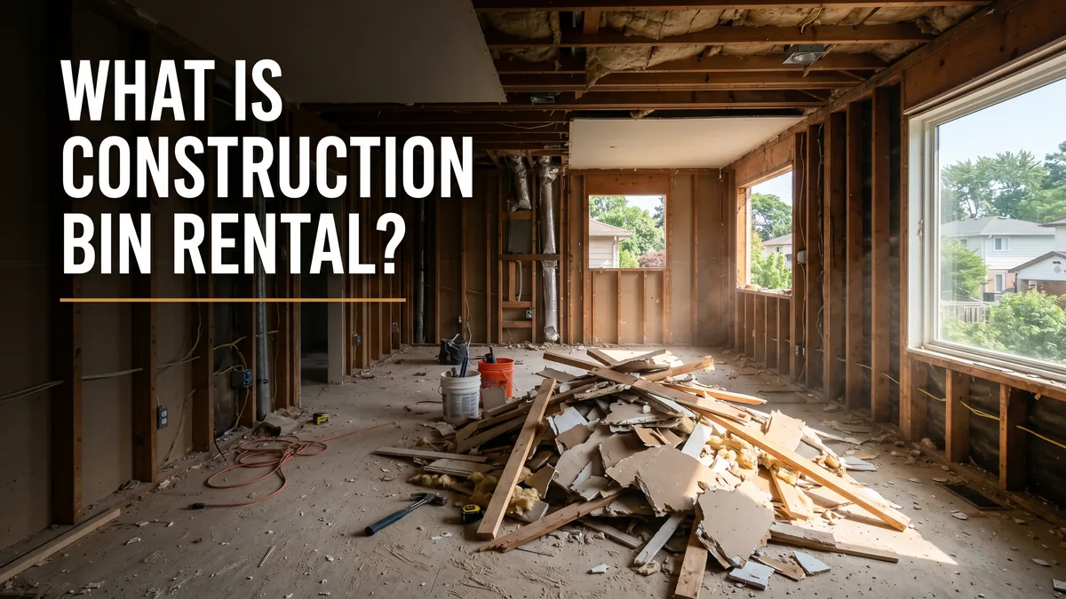Construction bin rental explained, a home renovation job site with drywall and lumber debris