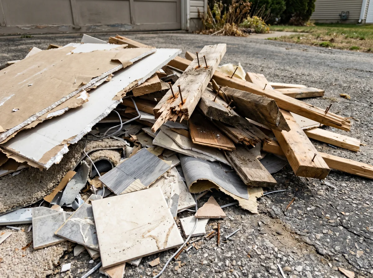 Pile of mixed renovation debris including drywall and lumber on a Toronto job site