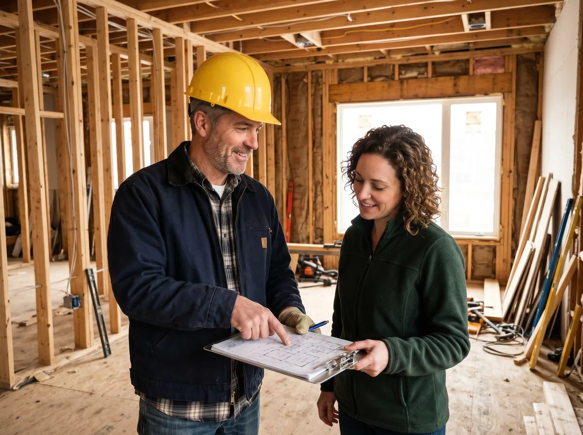 Contractor and homeowner reviewing a renovation plan on a clipboard at a job site