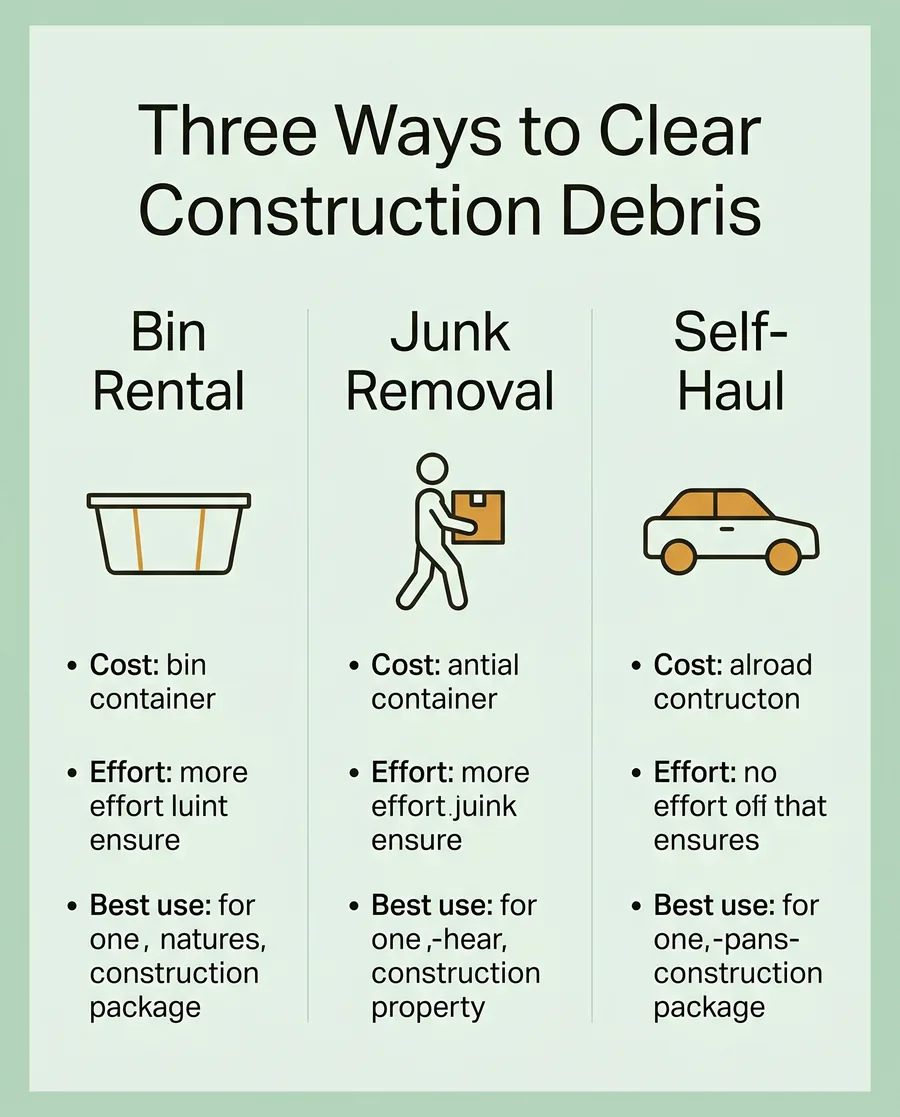 Infographic comparing construction bin rental junk removal and self haul for debris disposal