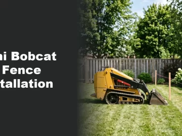 Compact mini skid steer loader positioned in a backyard next to string lines marking a new fence run