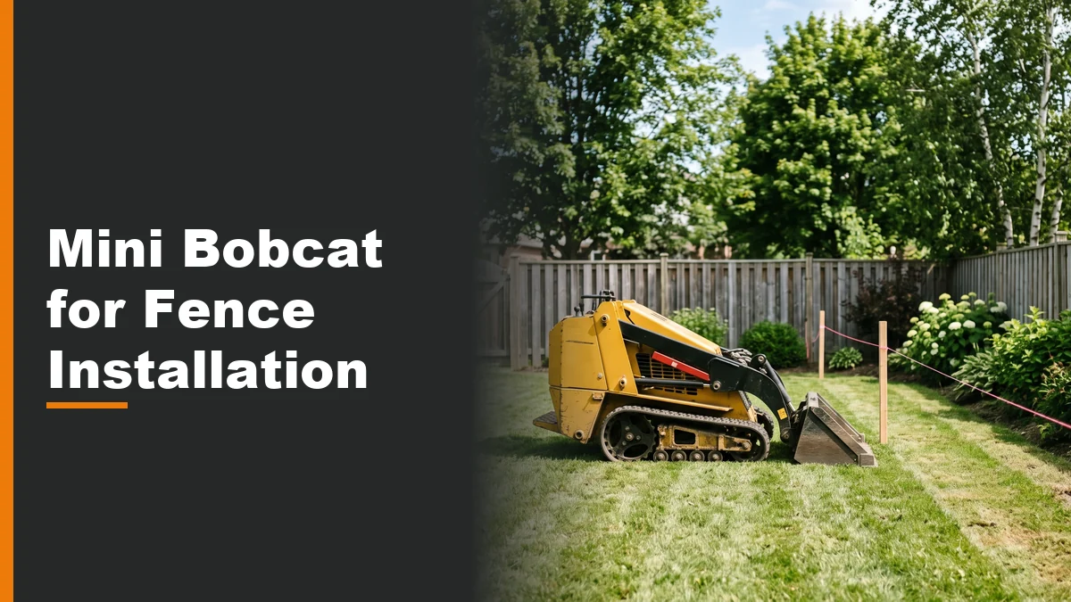 Compact mini skid steer loader positioned in a backyard next to string lines marking a new fence run