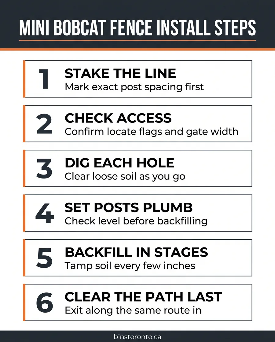 Card diagram showing the order of steps for installing a fence with a mini bobcat and auger attachment
