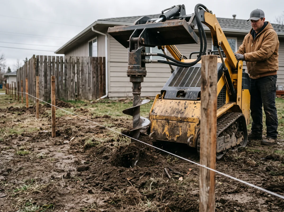 Mini bobcat with an auger attachment used for fence installation beside a marked property line