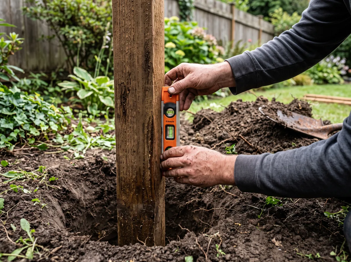 Fence post being set plumb and checked with a level in a freshly dug hole along a marked property line