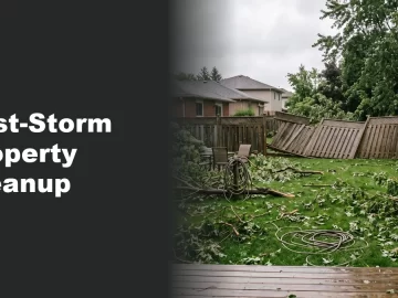 Torn tree limbs and scattered branches covering a residential backyard the morning after a wind storm