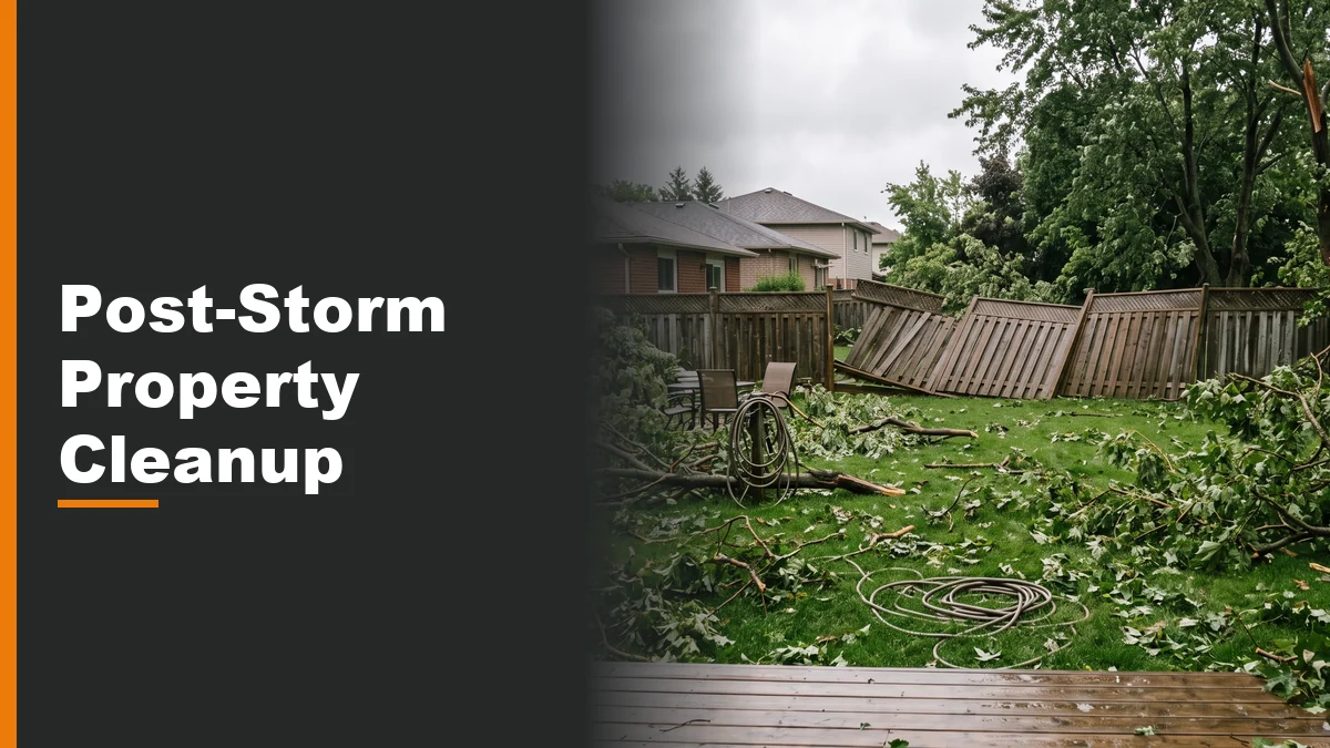 Torn tree limbs and scattered branches covering a residential backyard the morning after a wind storm