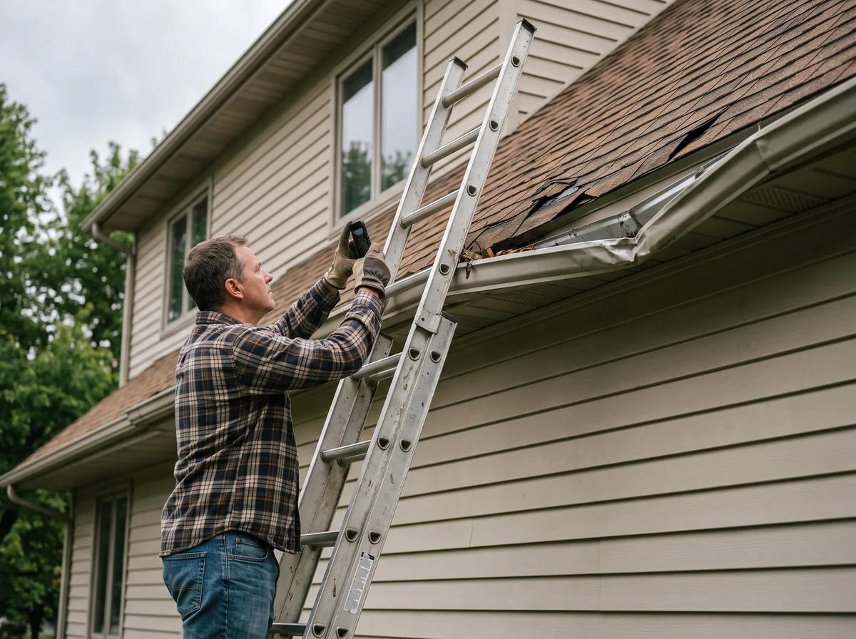 Homeowner photographing a section of torn roof shingles and a dented eavestrough for an insurance record