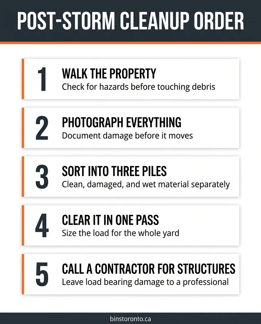 Card graphic listing the order of steps for post storm property cleanup on a residential lot