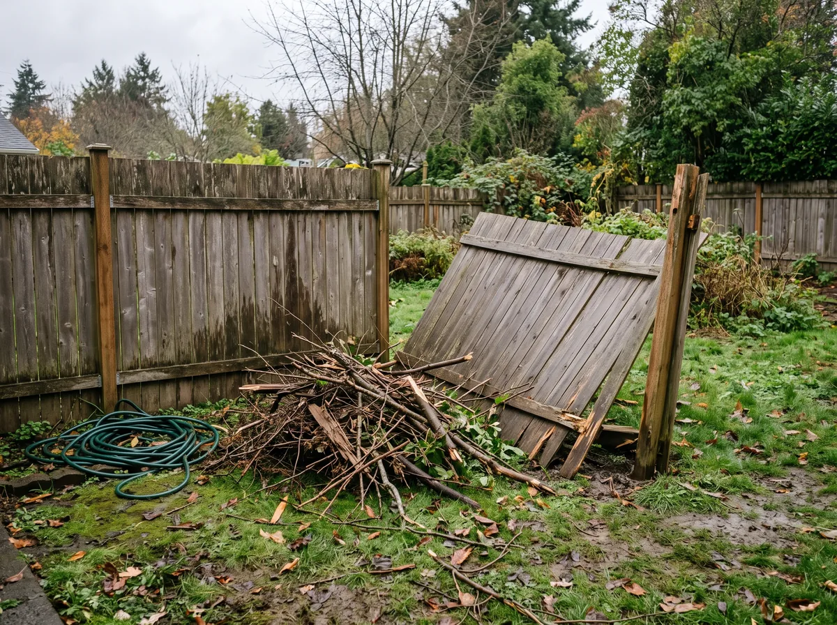 Backyard covered in broken branches and scattered leaves after a wind storm, fence panel leaning in the background