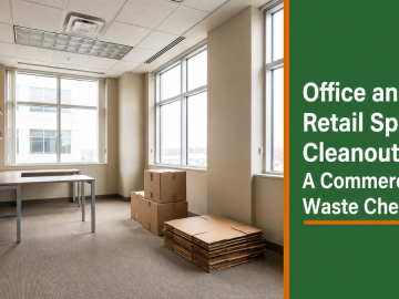 Emptied office interior with stacked boxes and bare shelving during a commercial cleanout