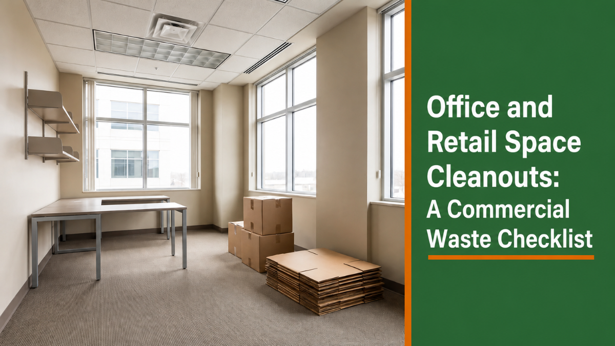 Emptied office interior with stacked boxes and bare shelving during a commercial cleanout