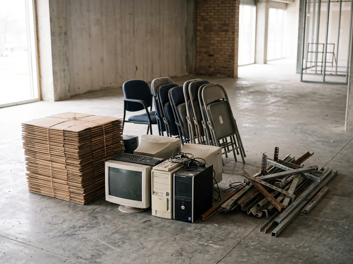 Cleanout waste sorted into cardboard, electronics, and metal for separate recycling streams
