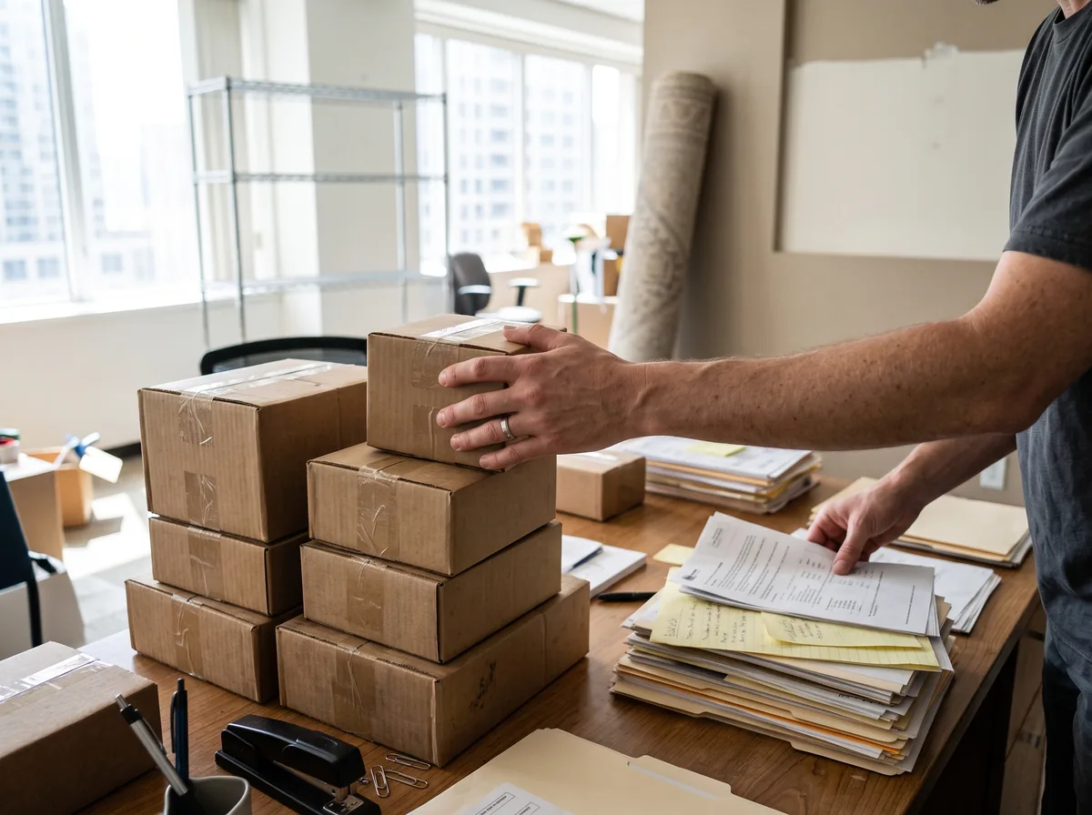 Hands stacking boxes and sorting paperwork during an office cleanout