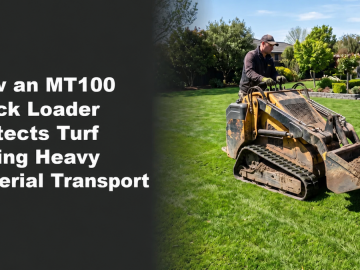 Compact track loader carrying a loaded bucket across a healthy residential lawn without visible ruts