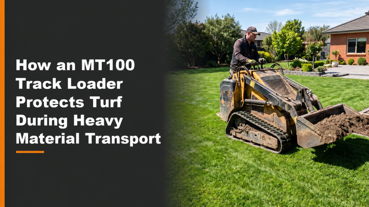 Compact track loader carrying a loaded bucket across a healthy residential lawn without visible ruts