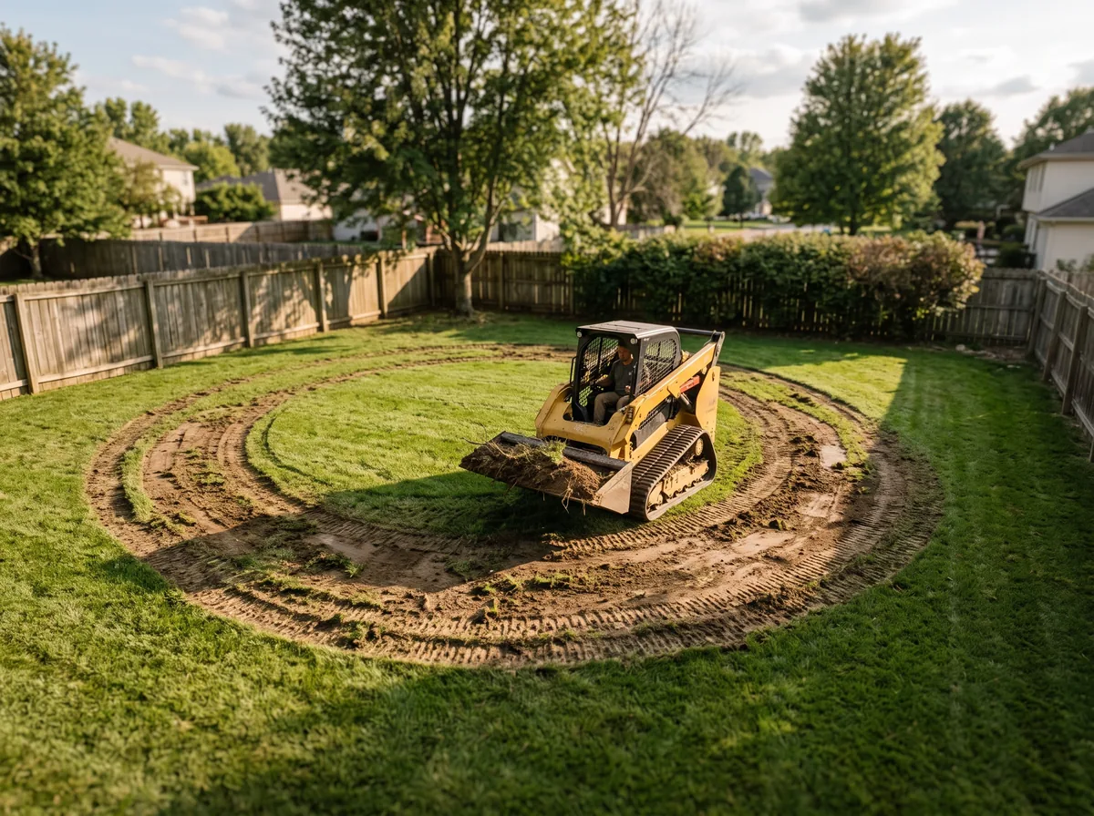 Compact track loader making a wide gradual turn across a lawn while carrying a low load