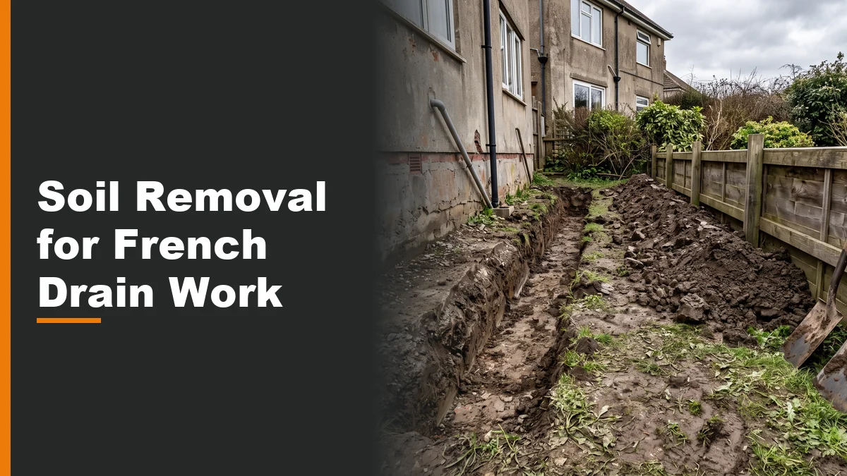 Excavated backyard trench with soil piled along a fence line during a French drain project