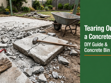 Broken concrete patio slabs with a sledgehammer, pry bar and gloves during a DIY teardown