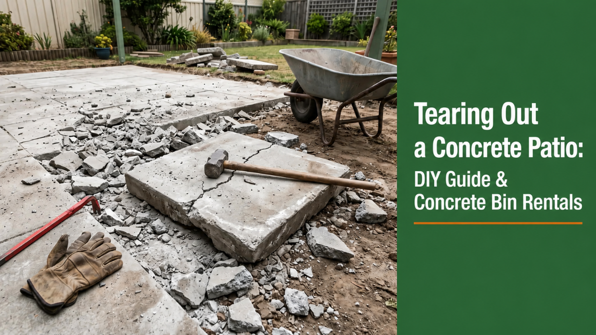 Broken concrete patio slabs with a sledgehammer, pry bar and gloves during a DIY teardown